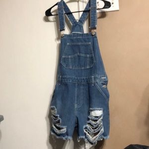 Distressed overall shorts